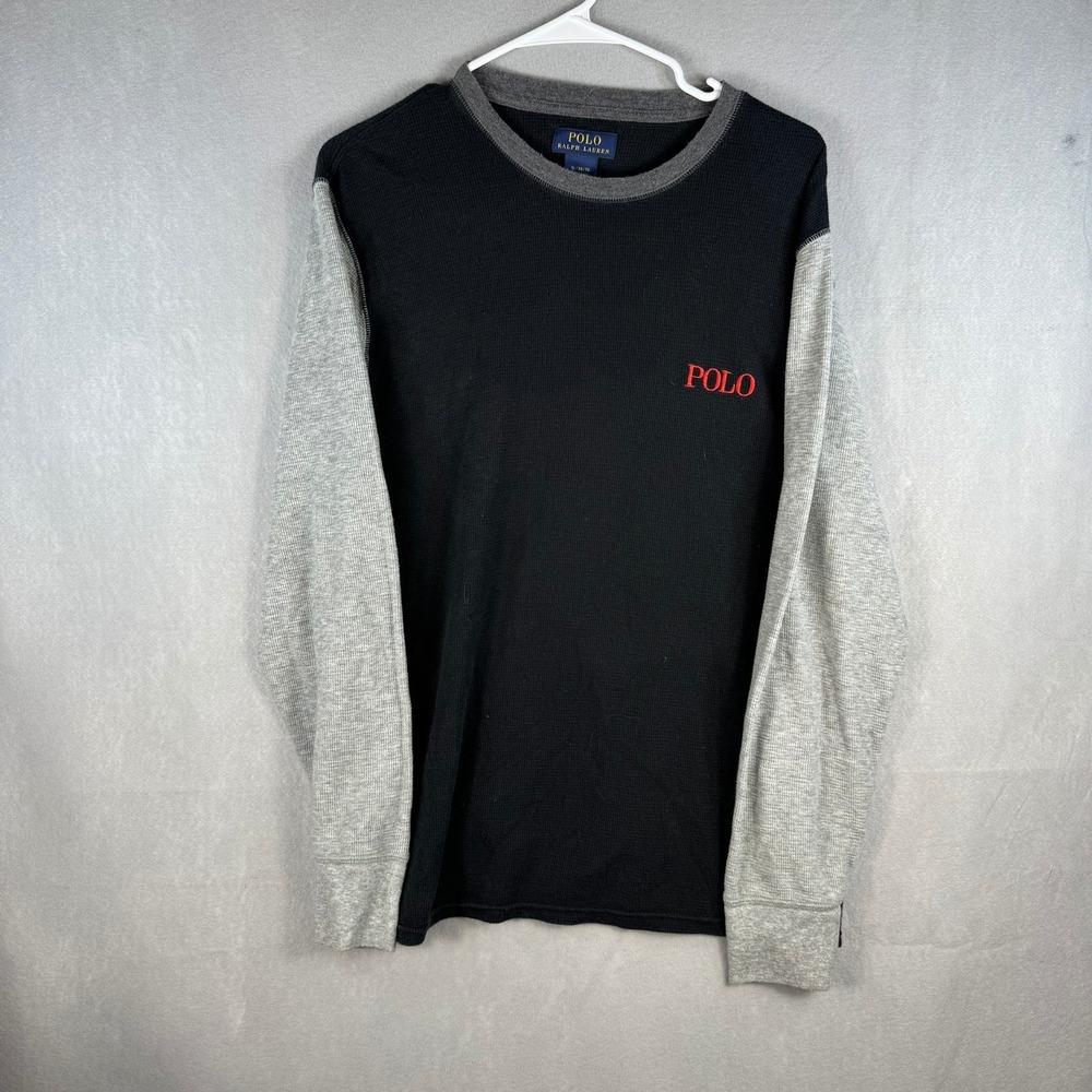 Polo Ralph Lauren Mens XL Waffle Knit Thermal Shirt Black Grey Colorblock Logo